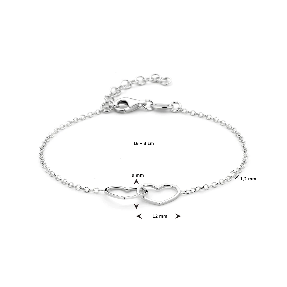 armband hart 16 + 3 cm zilver gerhodineerd