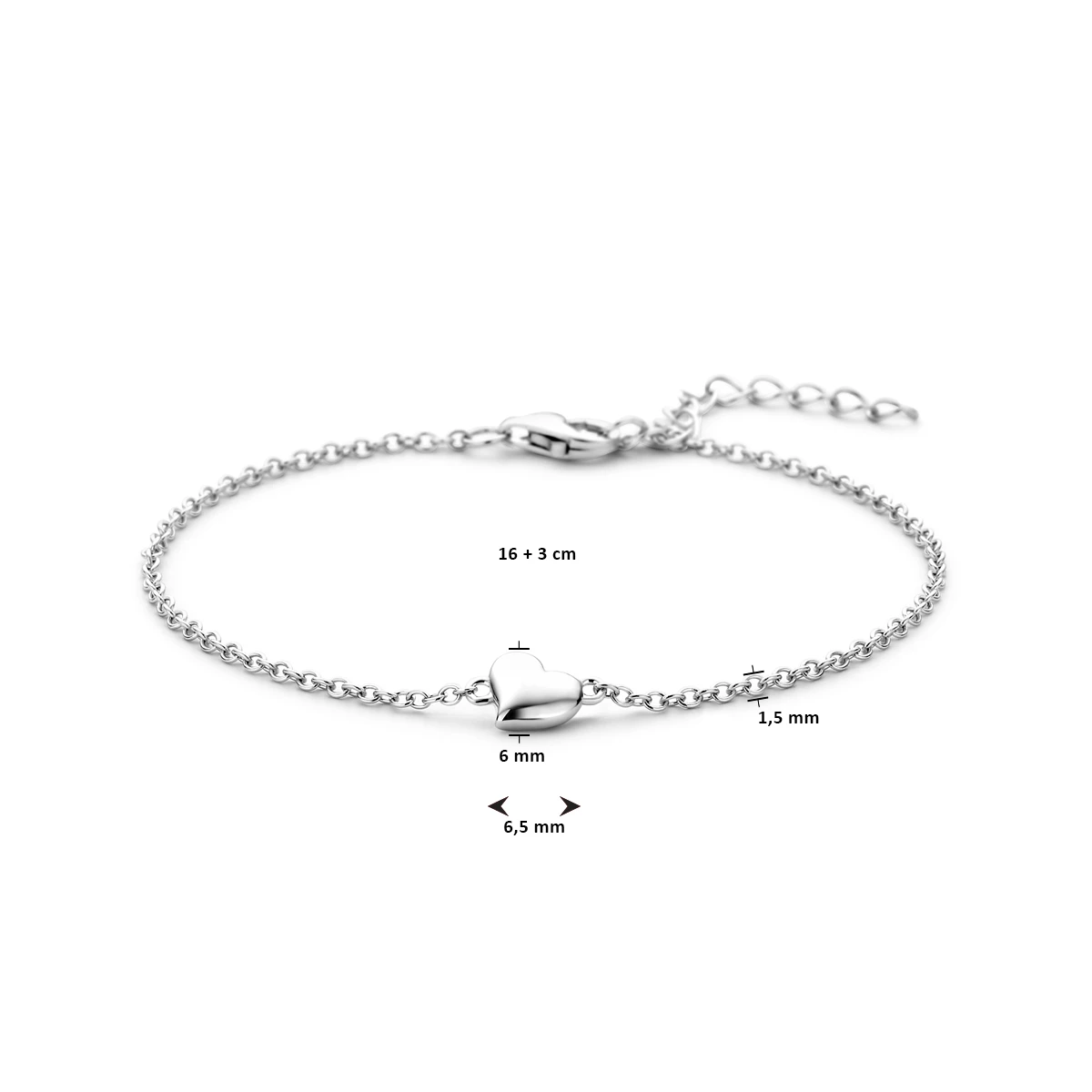 armband hart 16 + 3 cm zilver gerhodineerd
