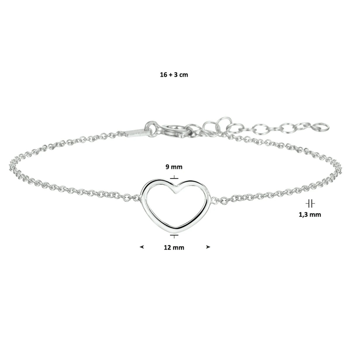 armband hart 16 + 3 cm zilver gerhodineerd