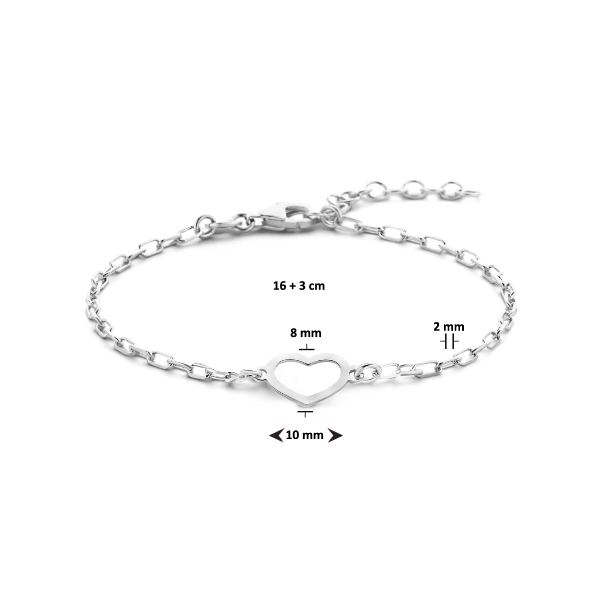 armband hart 16 + 3 cm zilver gerhodineerd