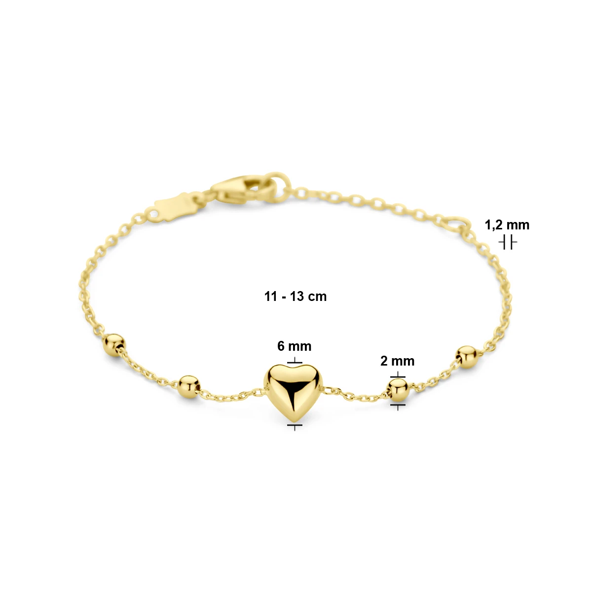 armband hart en bolletjes 11 – 13 cm 14K geelgoud
