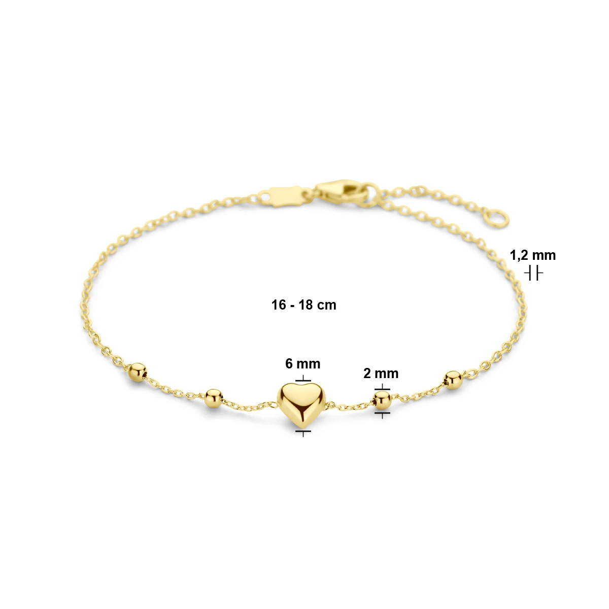 armband hart en bolletjes 16 – 18 cm 14K geelgoud
