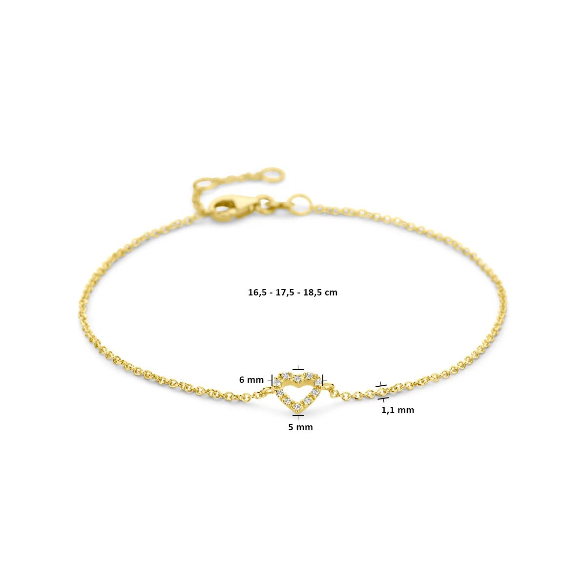 armband hart en diamant 16,5 - 17,5 - 18,5 cm 0.04ct h si 14K geelgoud