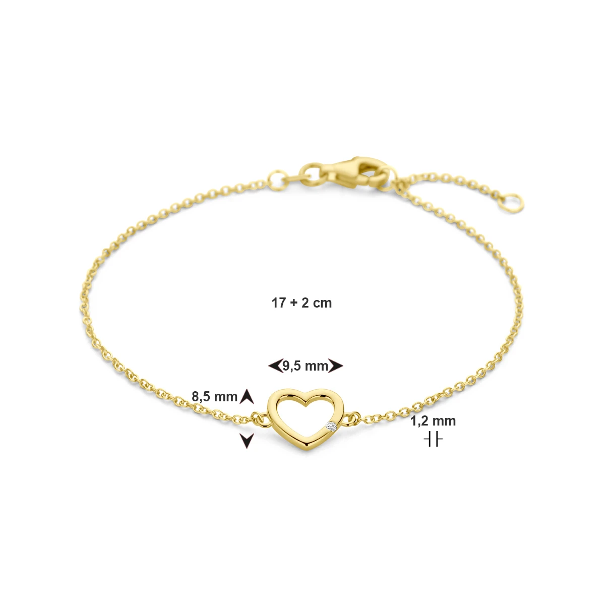 armband hart en diamant 17 + 2 cm 0.01ct h si 14K geelgoud