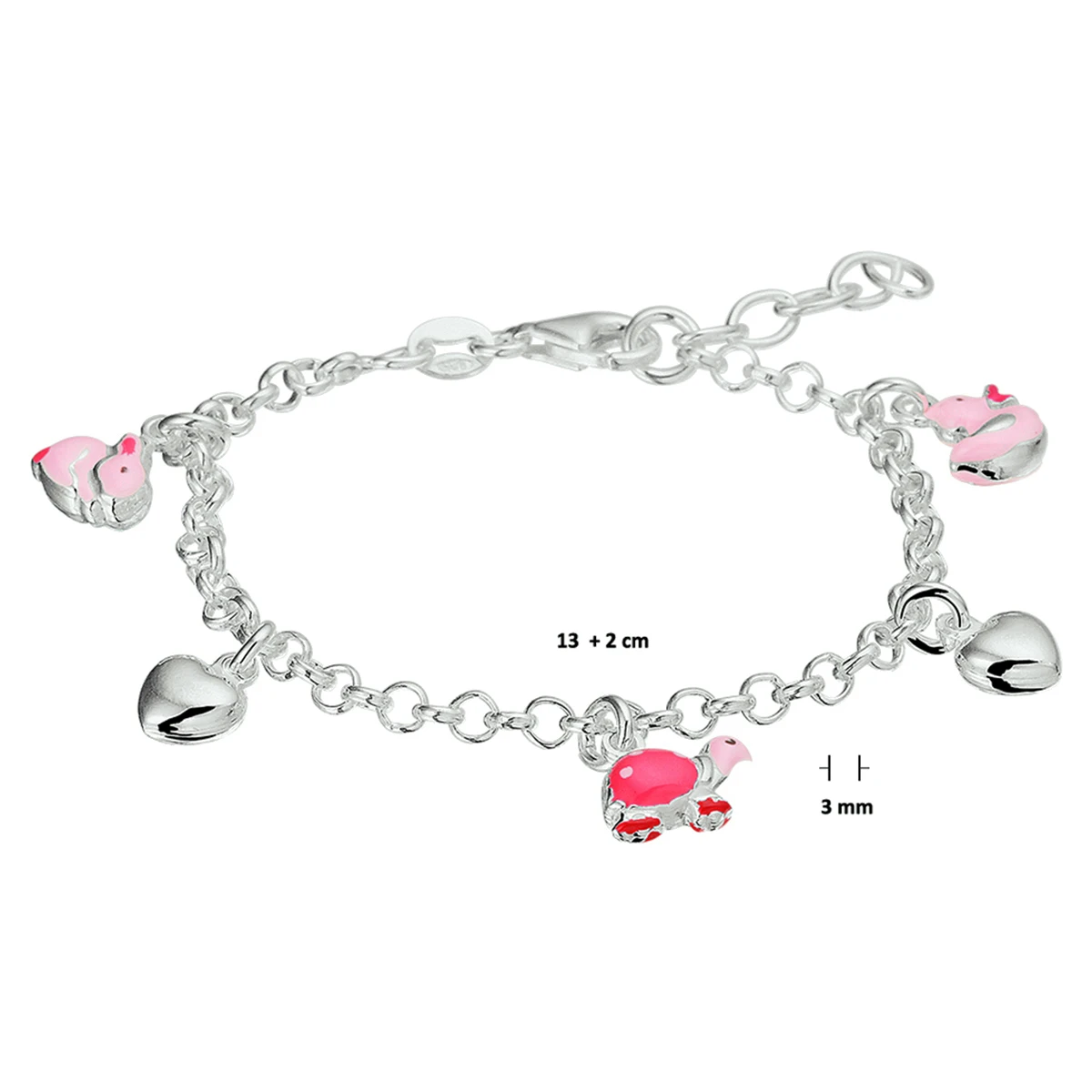 armband hart en dieren emaille 13 + 2 cm zilver gerhodineerd