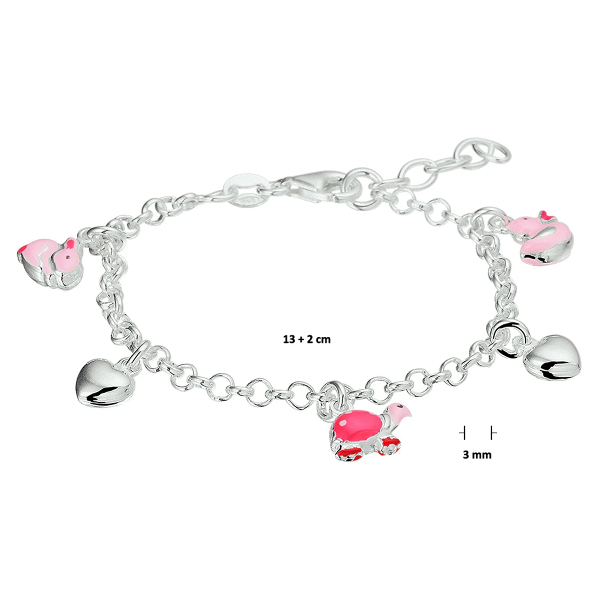 armband hart en dieren emaille 13 + 2 cm zilver wit