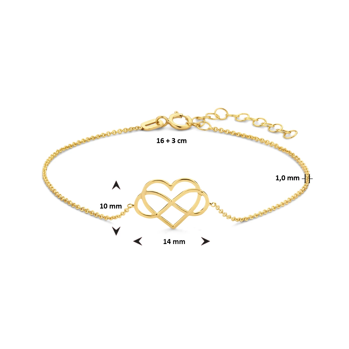 armband hart en infinity 16 + 3 cm 14K geelgoud