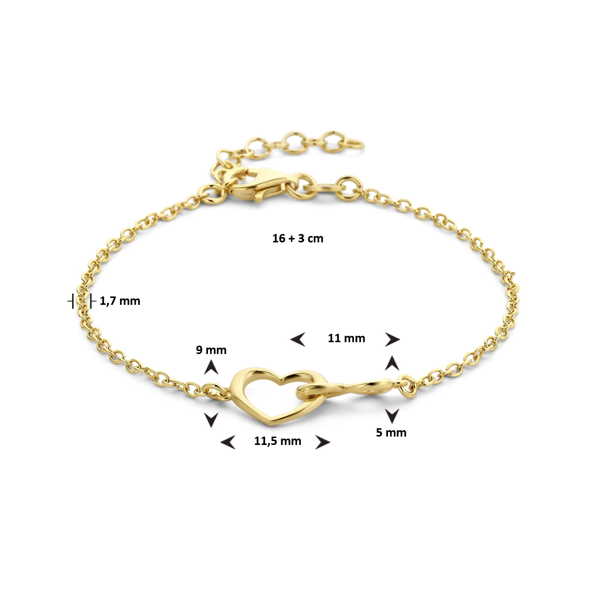 armband hart en infinity 16 + 3 cm 3 micron zilver verguld (geel)