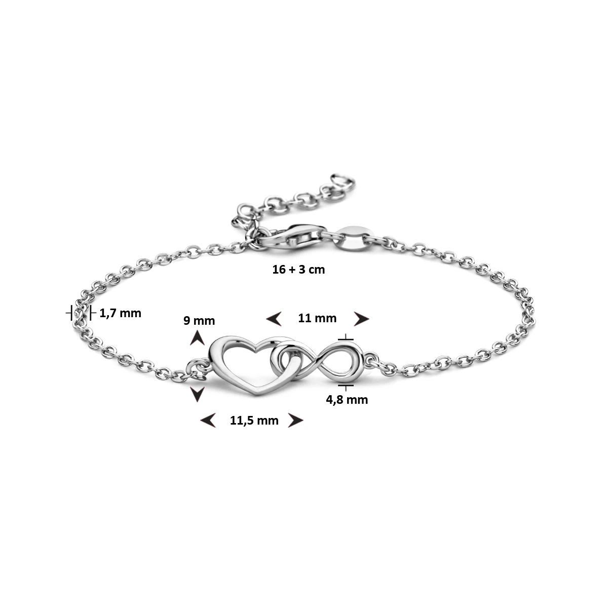 armband hart en infinity 16 + 3 cm zilver gerhodineerd
