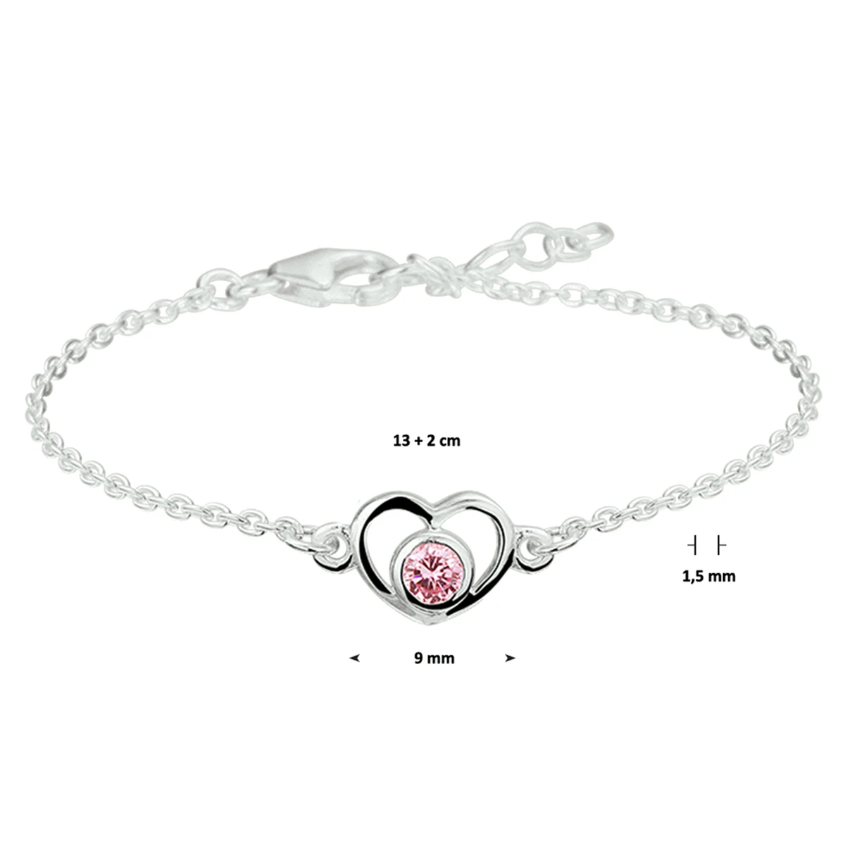 armband hart en roze zirkonia 13 - 15 cm zilver wit
