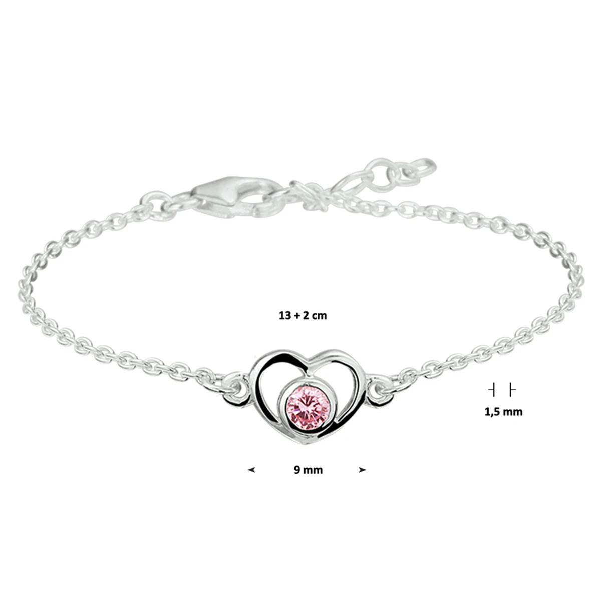 armband hart en zirkonia 13 - 15 cm zilver gerhodineerd