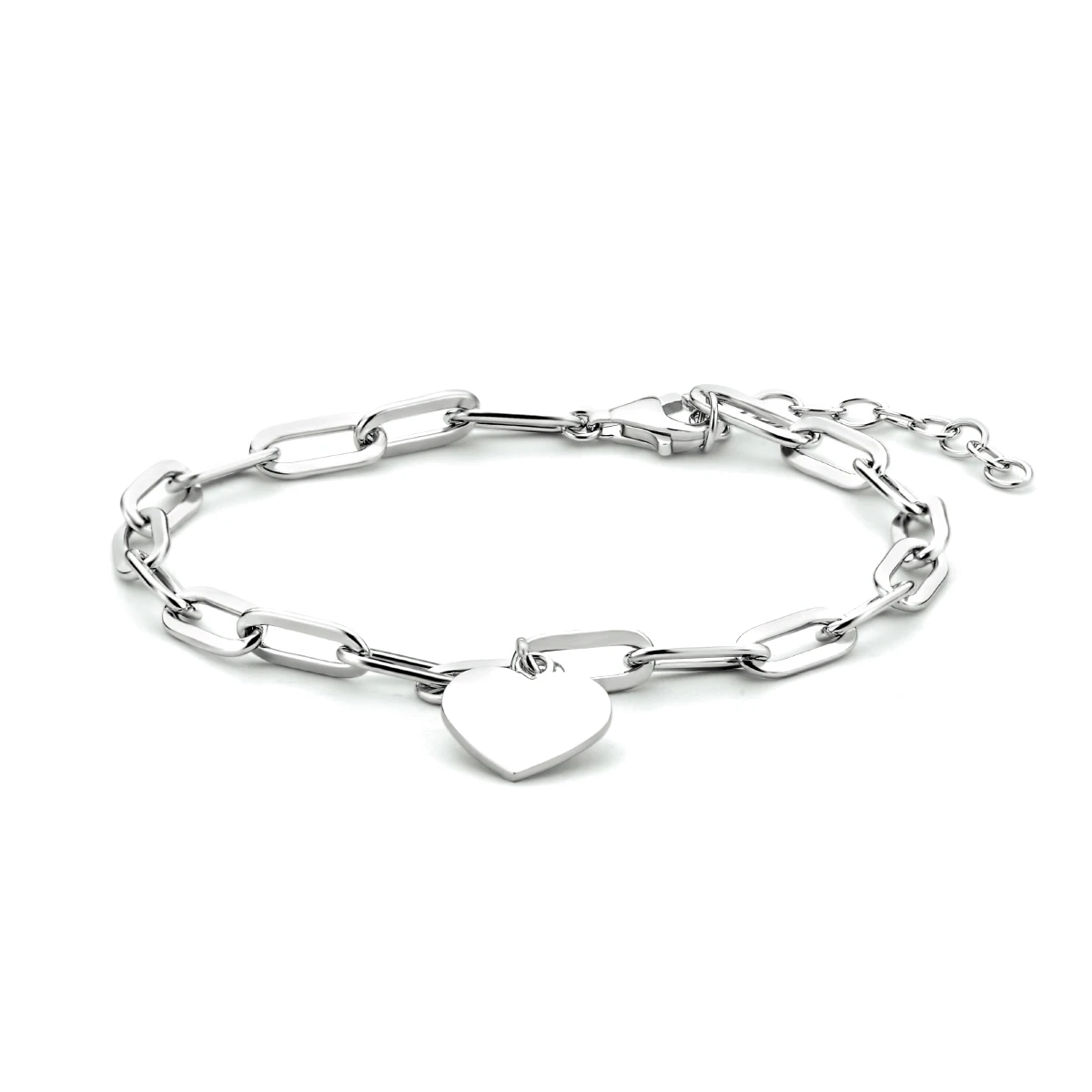armband hart paperclip platte buis 16 + 3 cm zilver gerhodineerd
