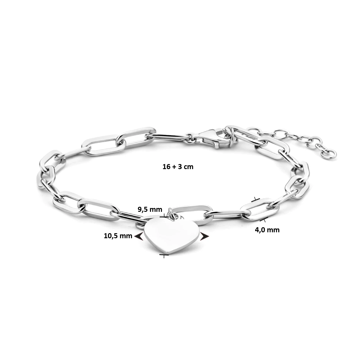 armband hart paperclip platte buis 16 + 3 cm zilver gerhodineerd
