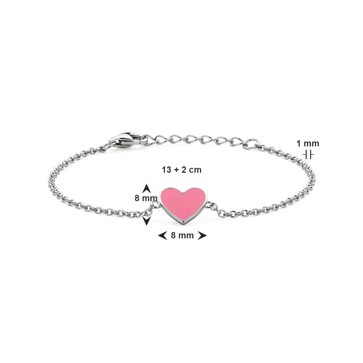 armband hart roze emaille 13 + 2 cm zilver gerhodineerd