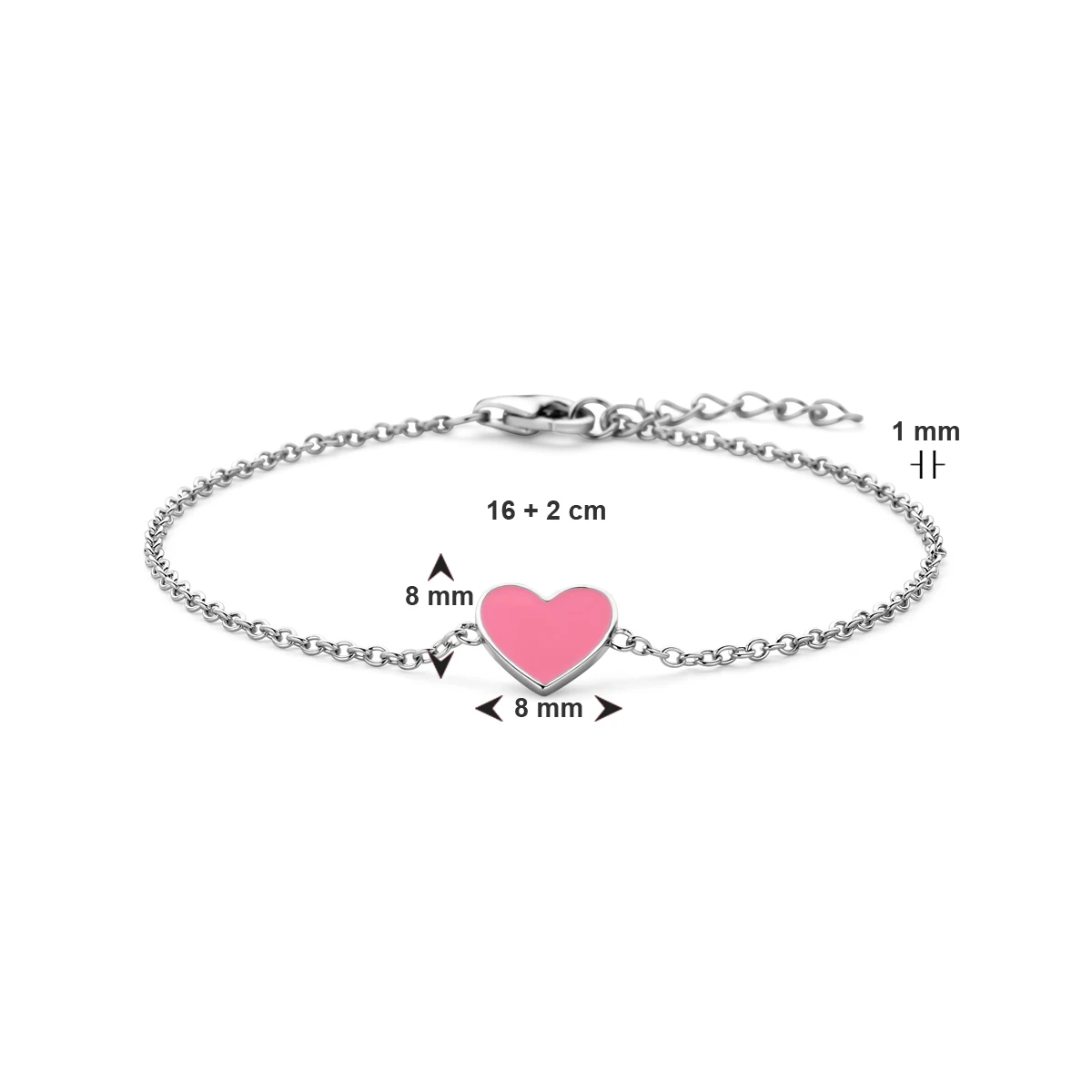 armband hart roze emaille 16 + 2 cm zilver gerhodineerd