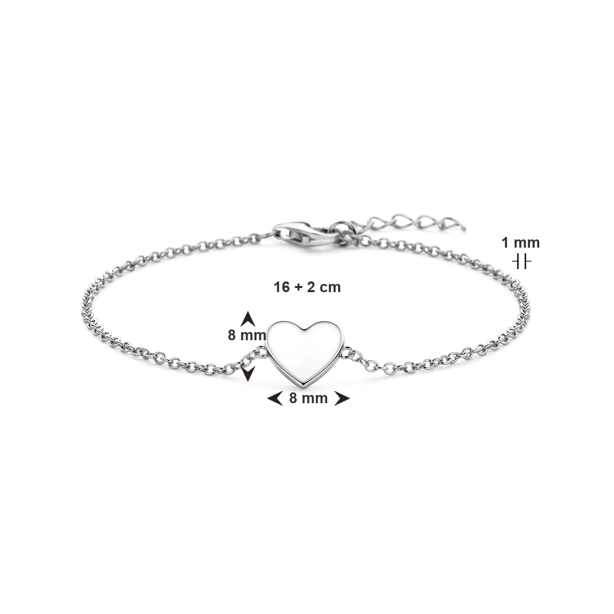 armband hart wit emaille 16 + 2 cm zilver gerhodineerd