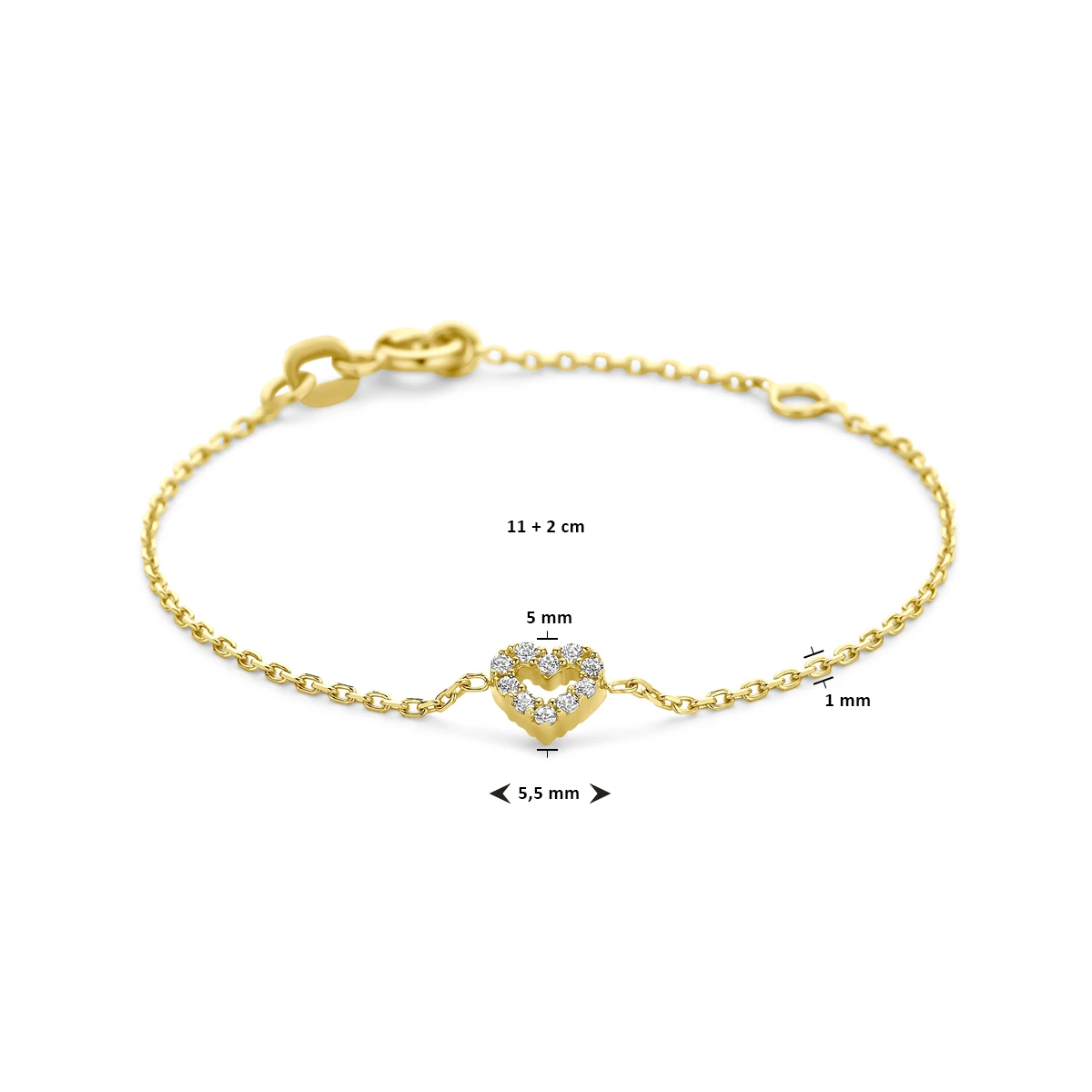 armband hart zirkonia 11 + 2 cm 14K geelgoud