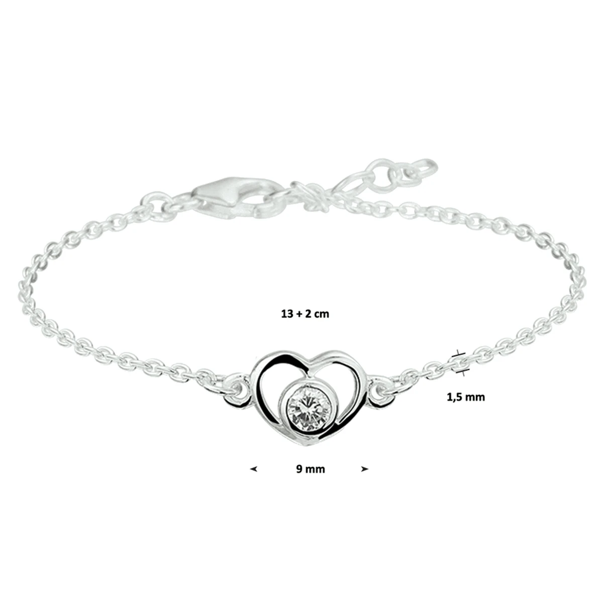 armband hart zirkonia 13 - 15 cm zilver wit