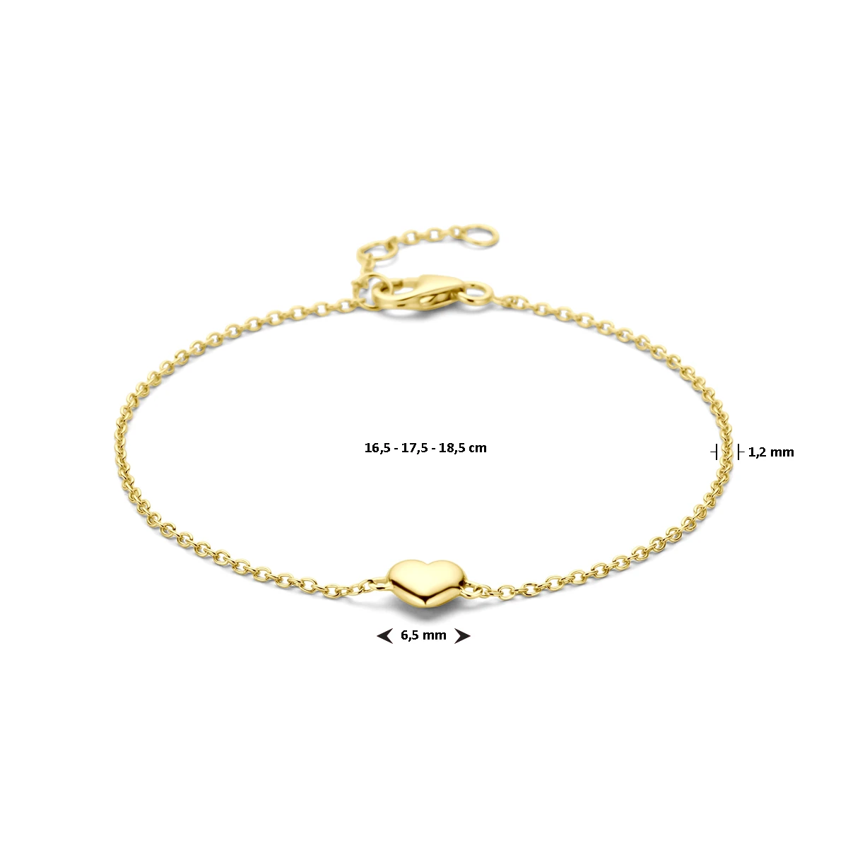 armband hartje 16,5 - 17,5 - 18,5 cm 3 micron zilver verguld (geel)