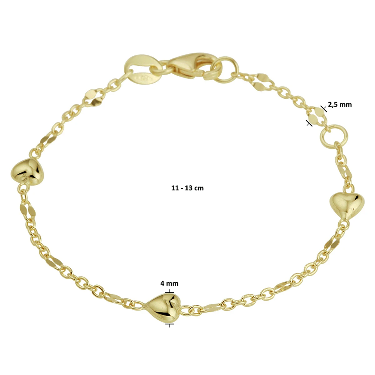 armband hartjes 11 - 13 cm 14K geelgoud