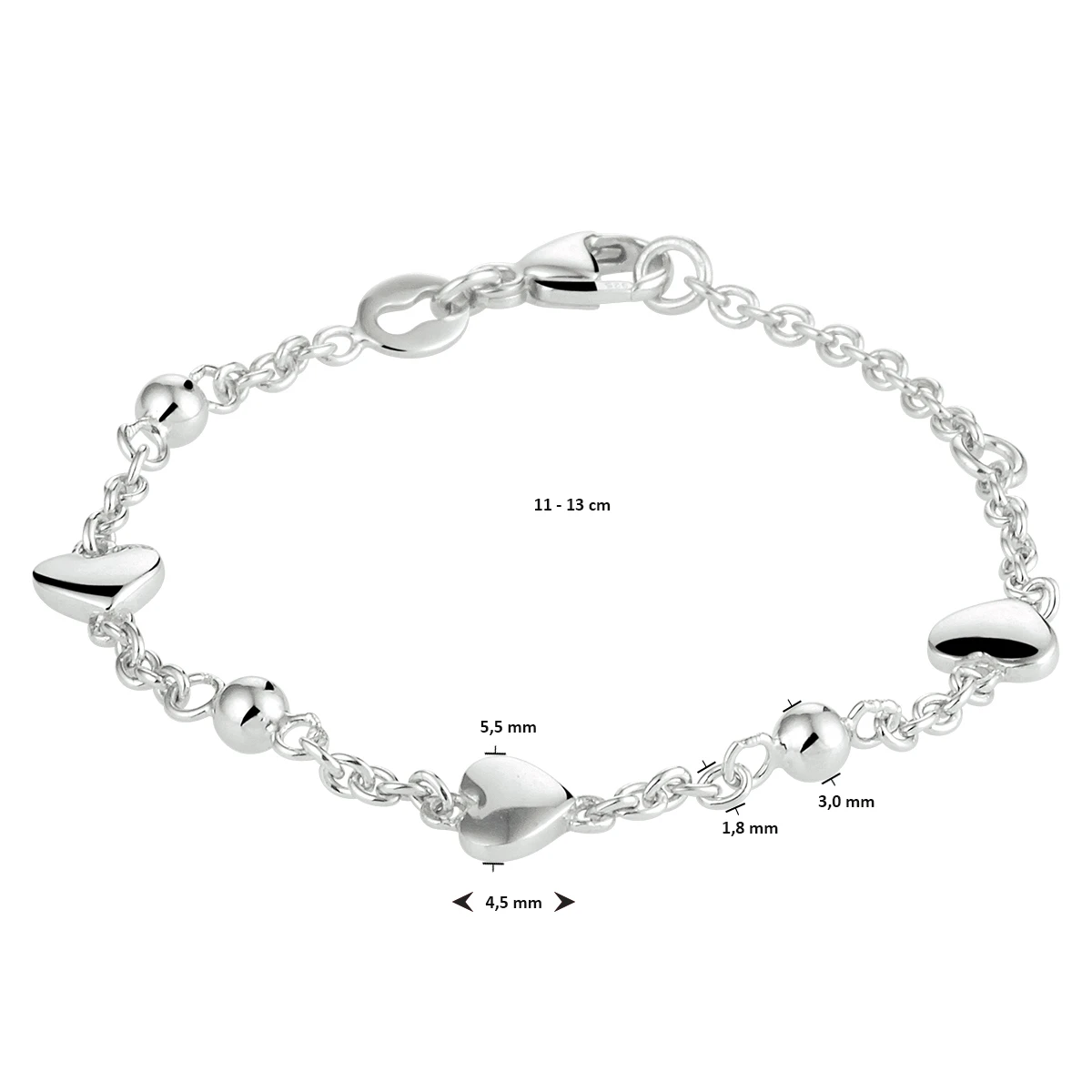 armband hartjes 11 - 13 cm zilver gerhodineerd