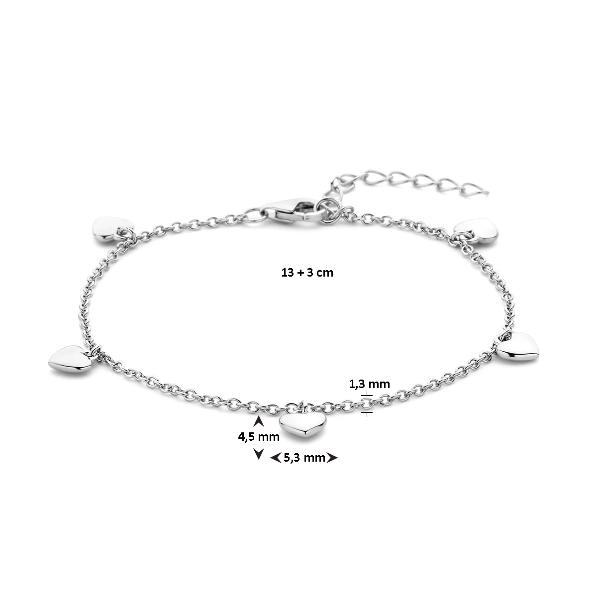 armband hartjes 13 + 3 cm zilver gerhodineerd