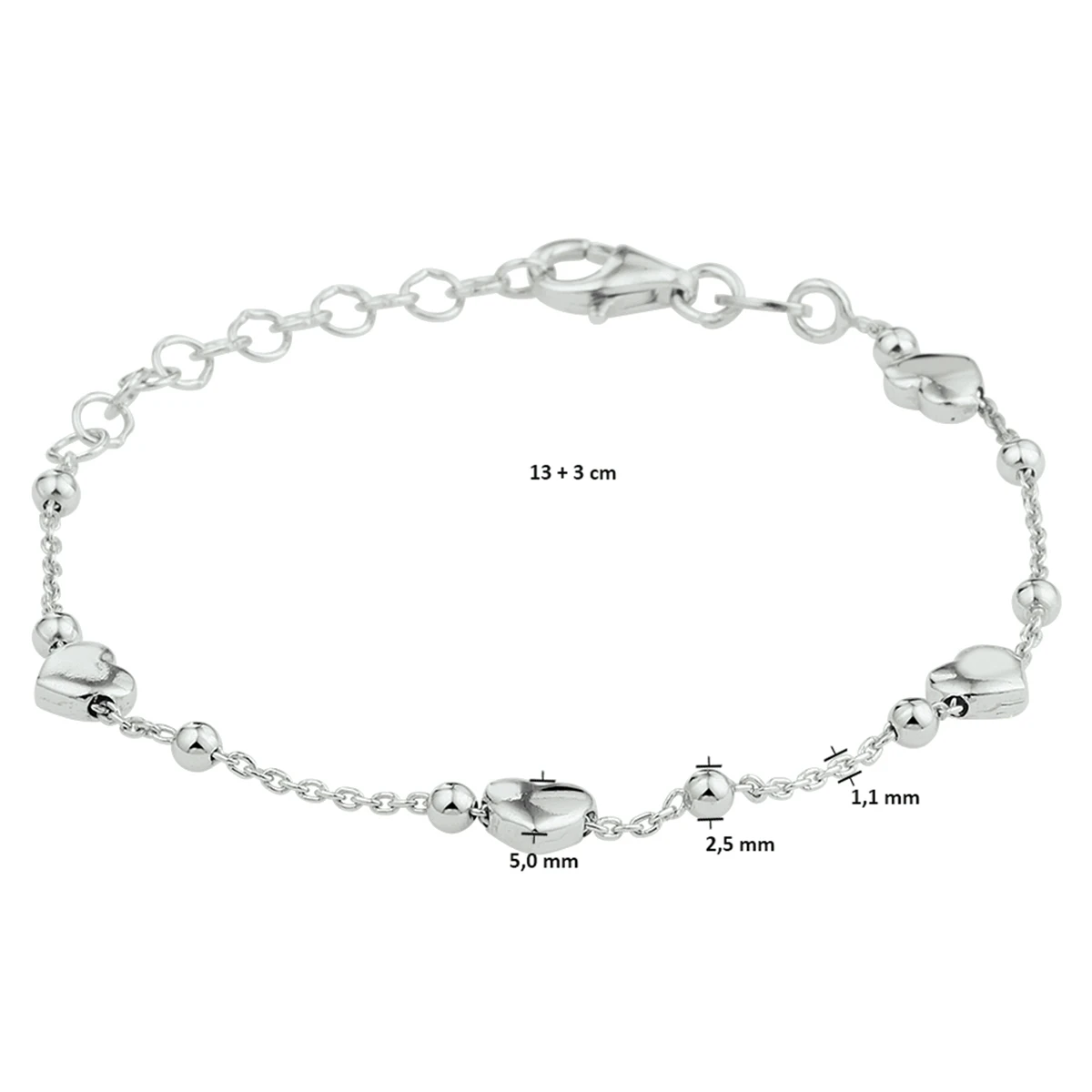 armband hartjes 13 + 3 cm zilver gerhodineerd
