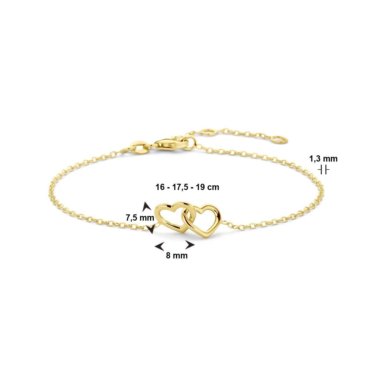armband hartjes 16 - 17,5 - 19 cm 14K geelgoud