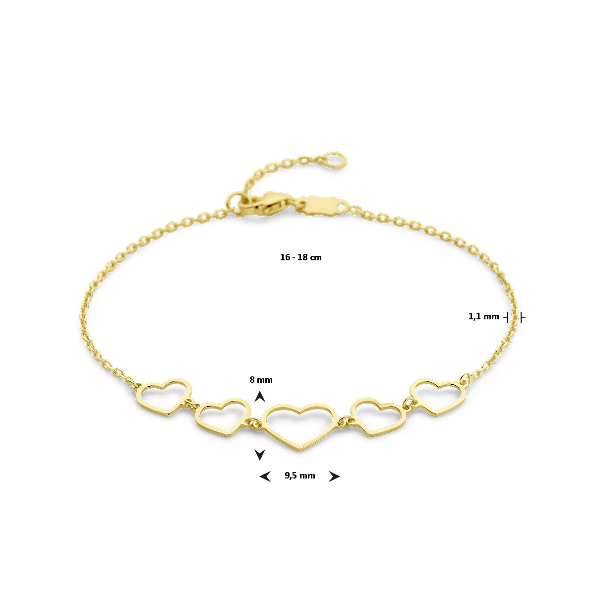 armband hartjes 16 - 18 cm 14K geelgoud