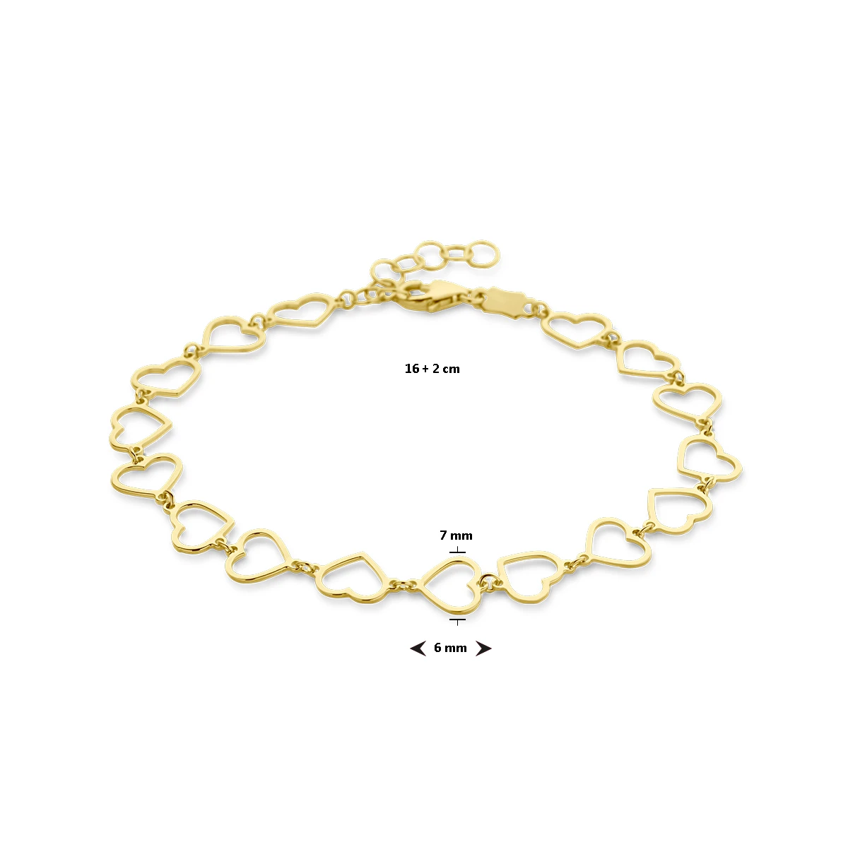 armband hartjes 16 + 2 cm 14K geelgoud