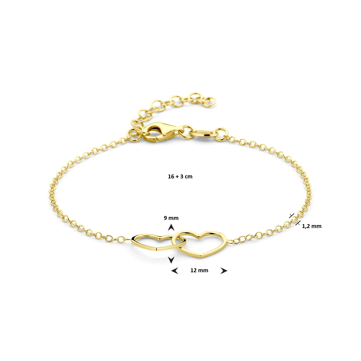 armband hartjes 16 + 3 cm 3 micron zilver verguld (geel)
