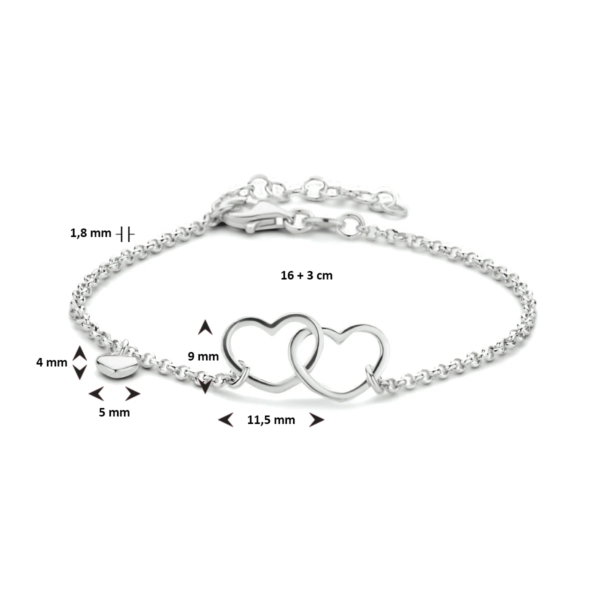 armband hartjes 16 + 3 cm zilver gerhodineerd