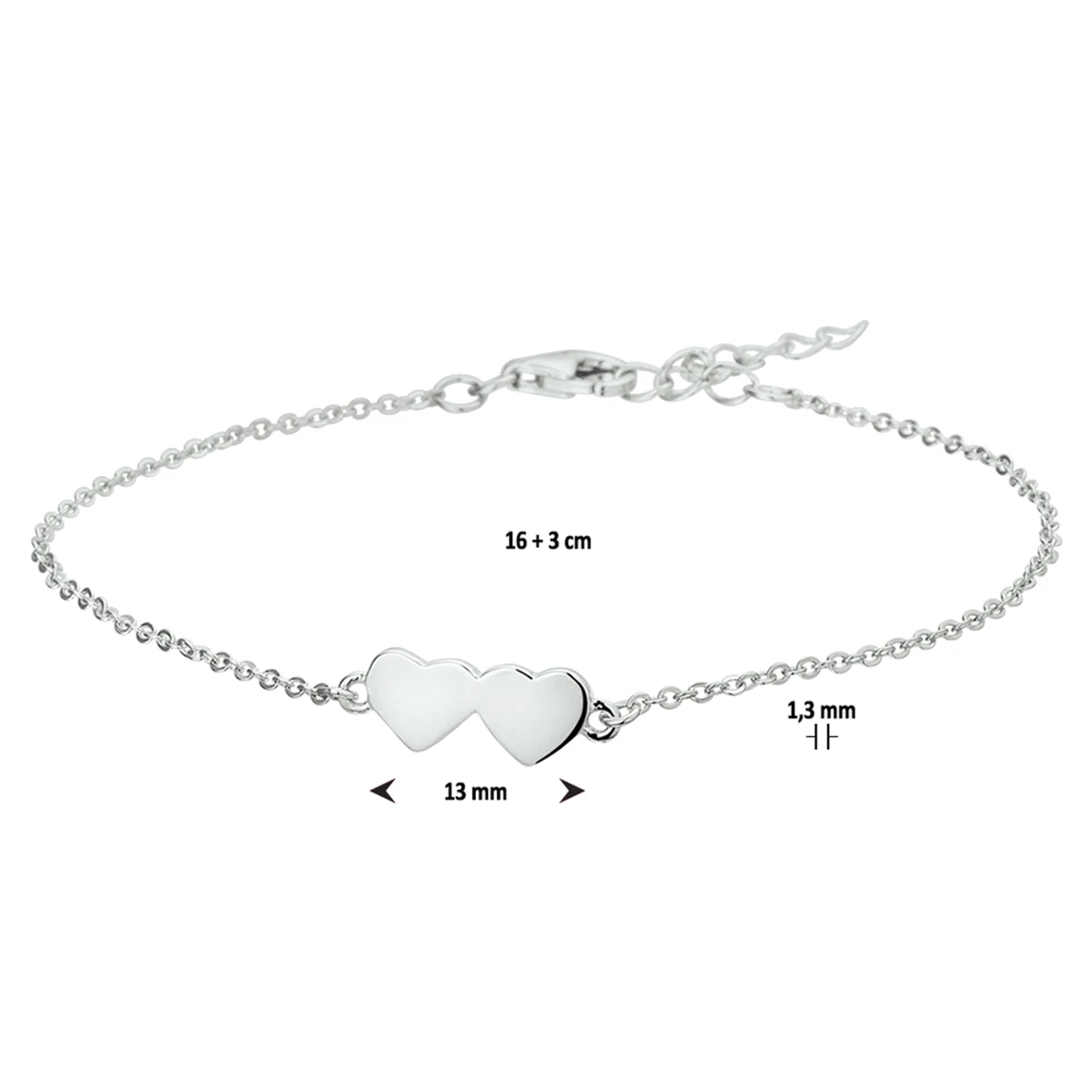 armband hartjes 16 + 3 cm zilver gerhodineerd