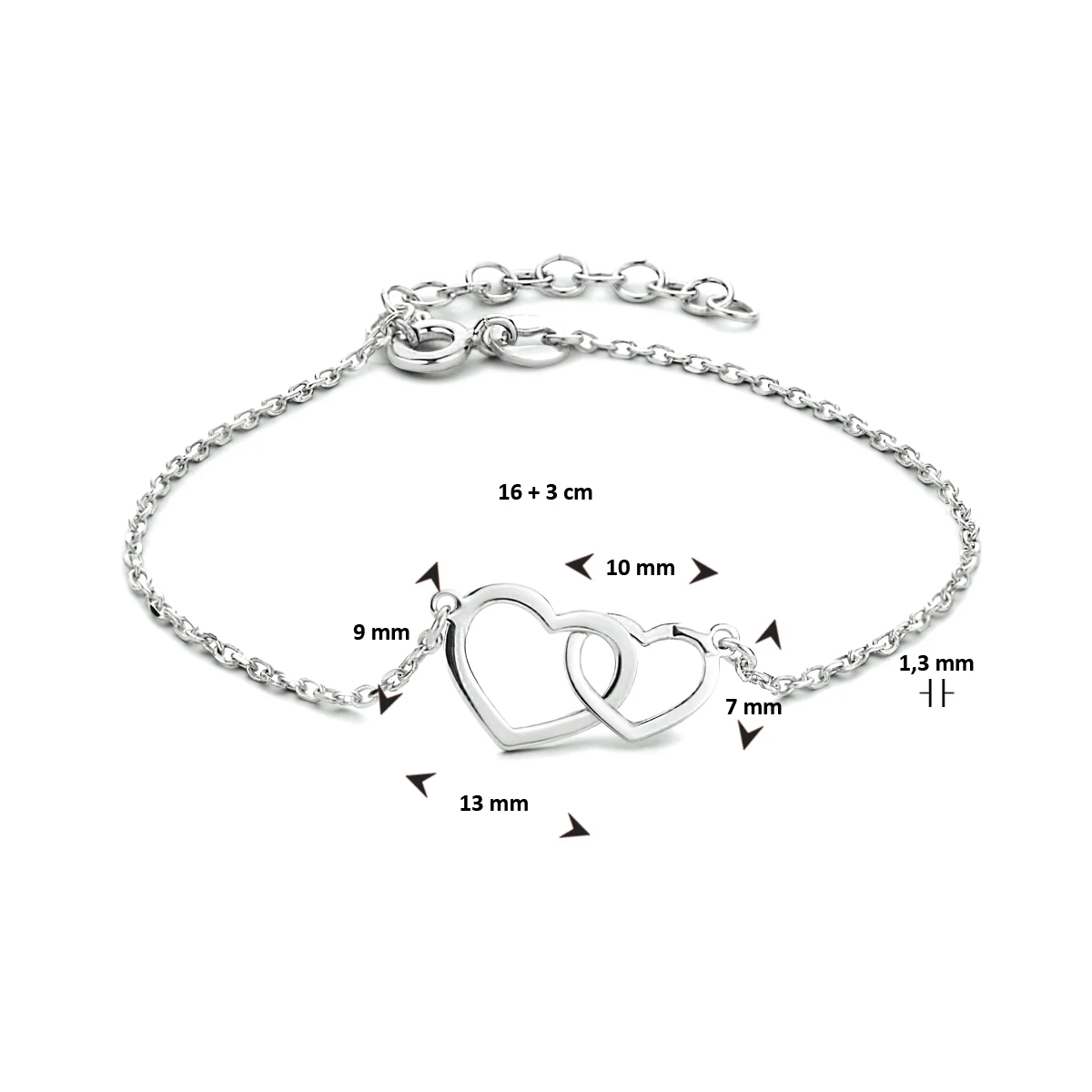 armband hartjes 16 + 3 cm zilver gerhodineerd