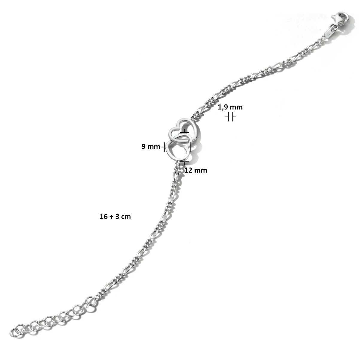 armband hartjes 16 + 3 cm zilver gerhodineerd
