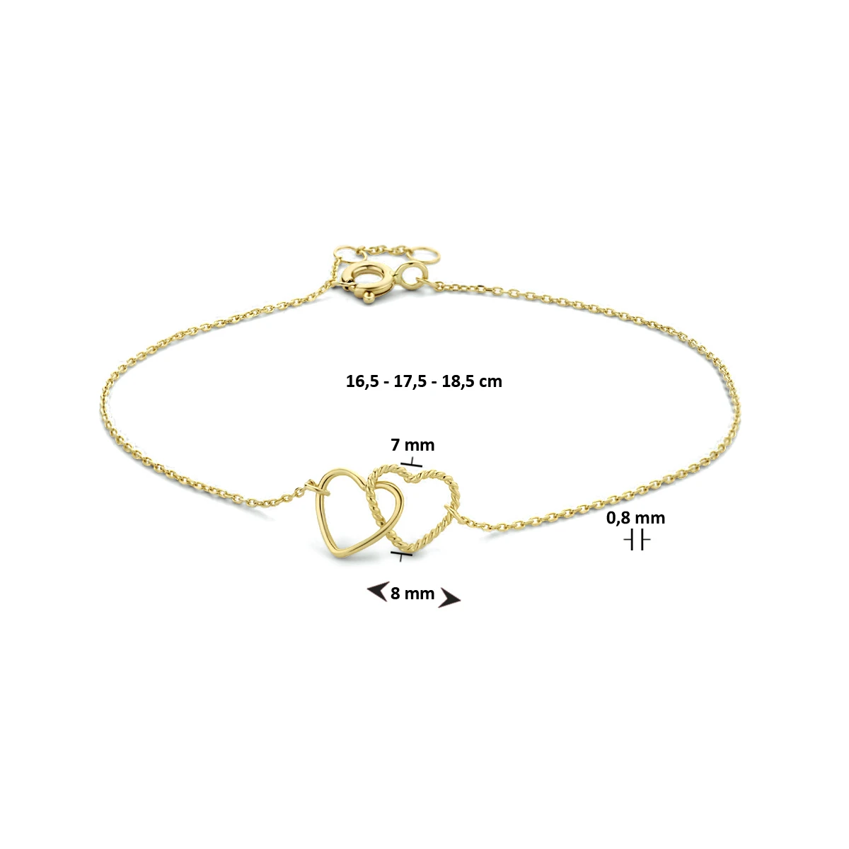 armband hartjes 16,5 - 17,5 - 18,5 cm 14K geelgoud