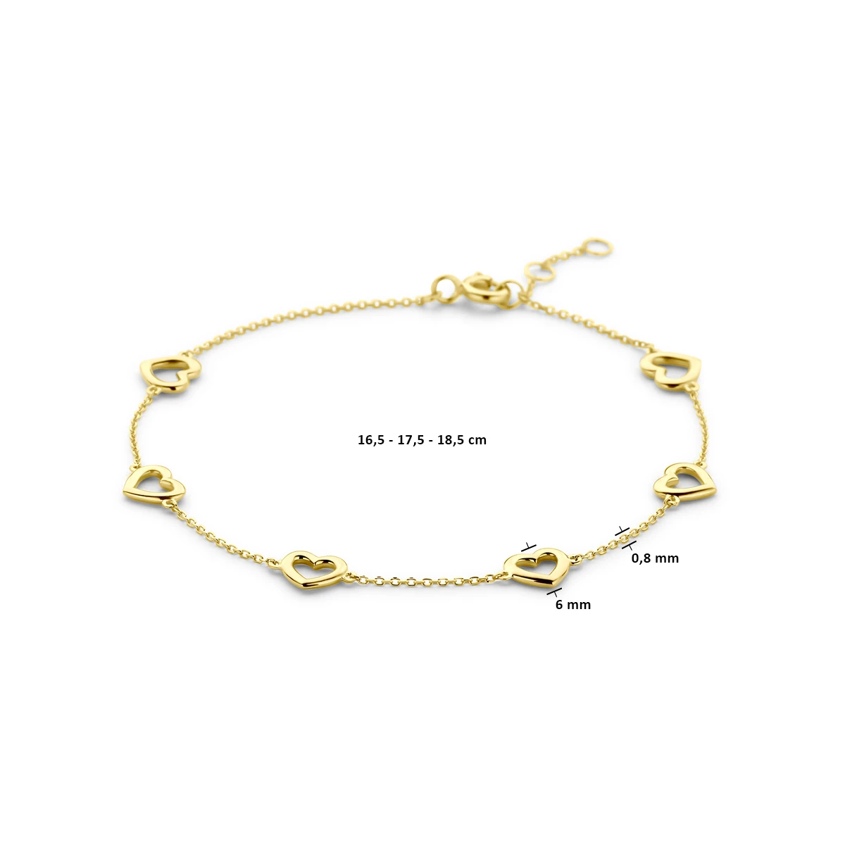 armband hartjes 16,5 - 17,5 - 18,5 cm 14K geelgoud