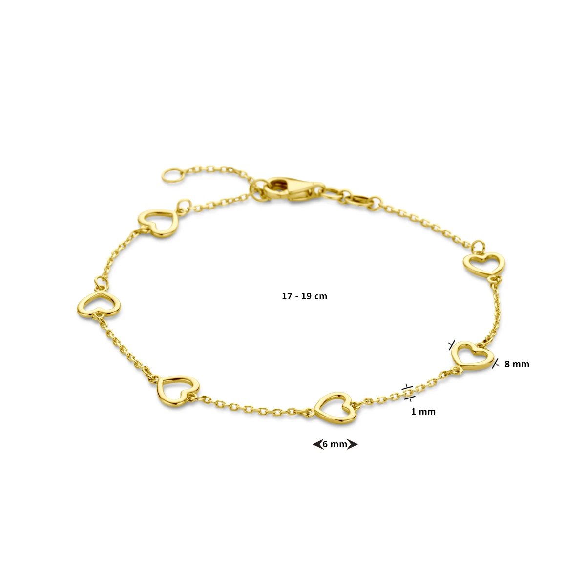 armband hartjes  17 - 19 cm 14K geelgoud