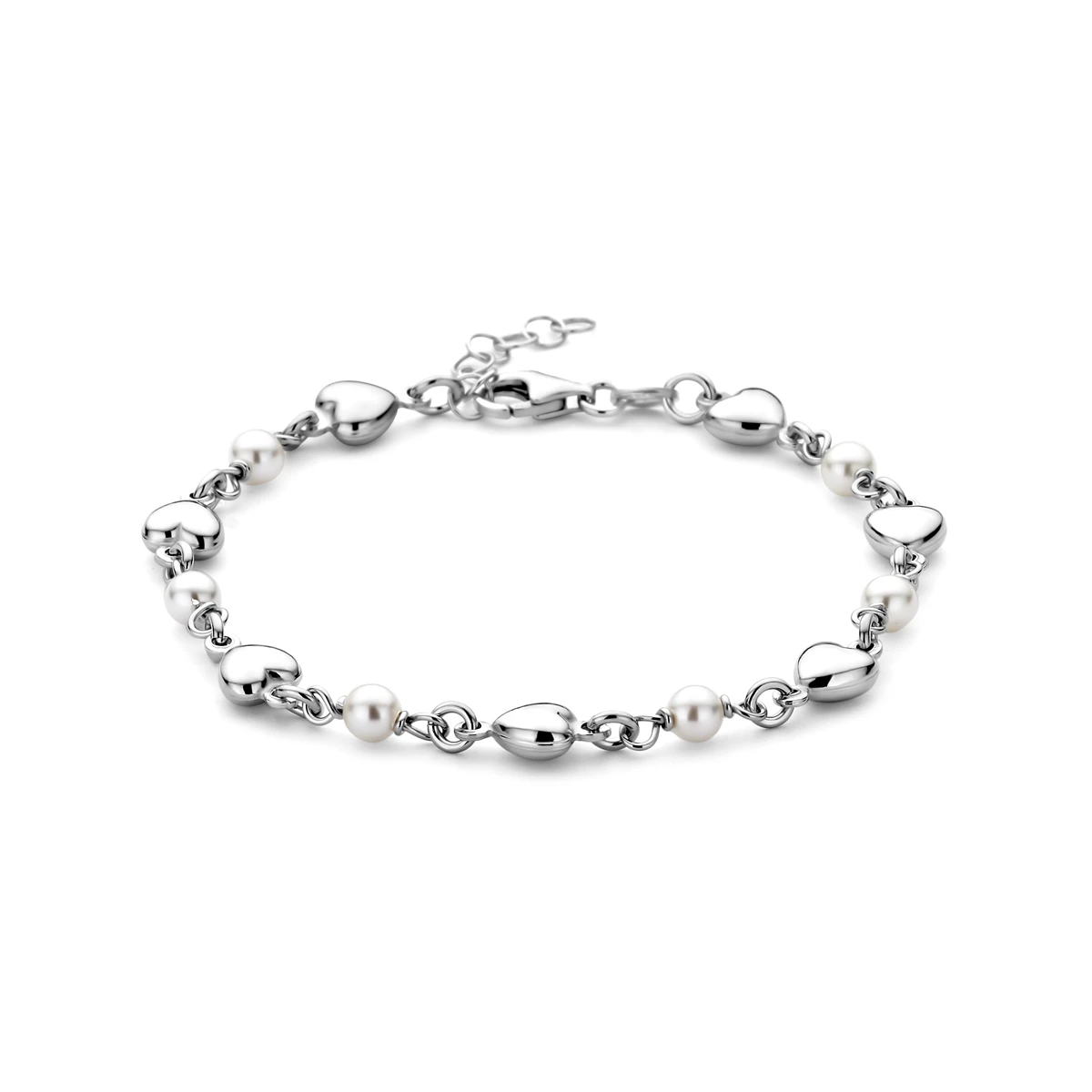 armband hartjes en swarovski parels 17 + 2 cm zilver gerhodineerd