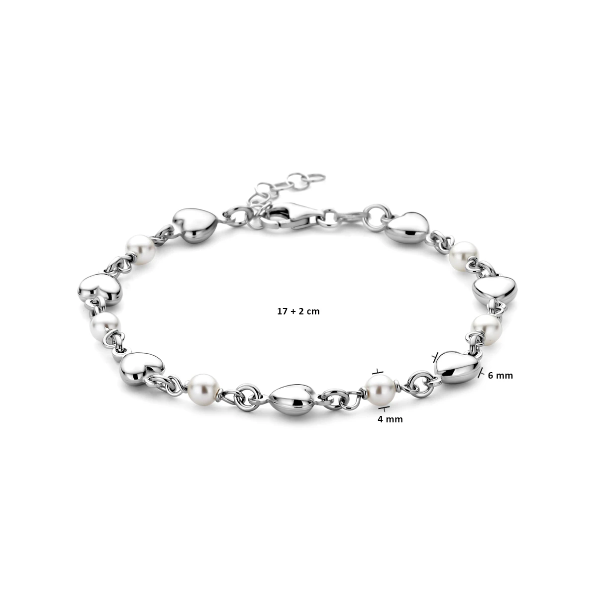 armband hartjes en swarovski parels 17 + 2 cm zilver gerhodineerd