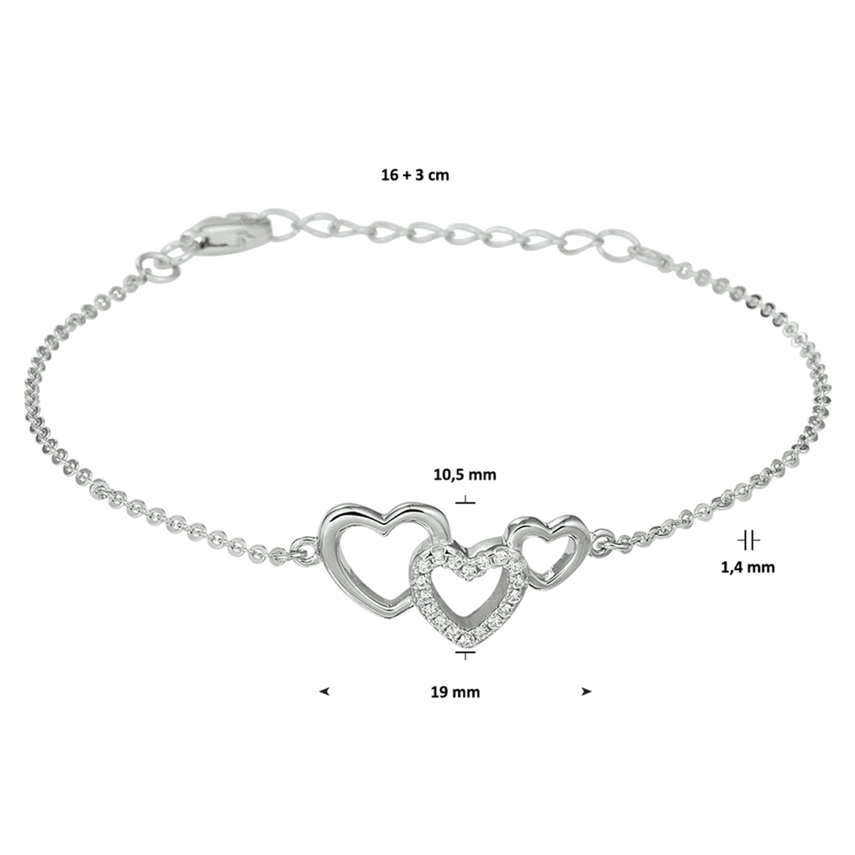 armband hartjes en zirkonia 16 + 3 cm zilver gerhodineerd