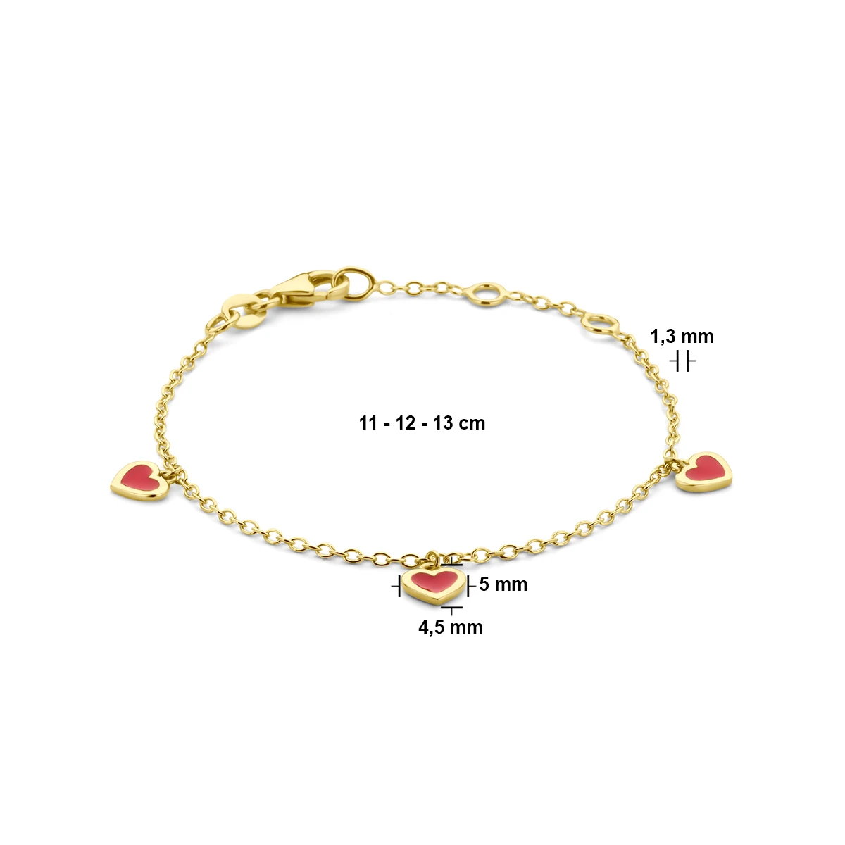 armband hartjes rood emaille 11 - 12 - 13 cm 14K geelgoud