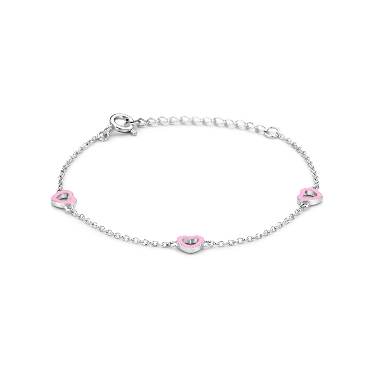 armband hartjes roze emaille 13 + 3 cm zilver gerhodineerd