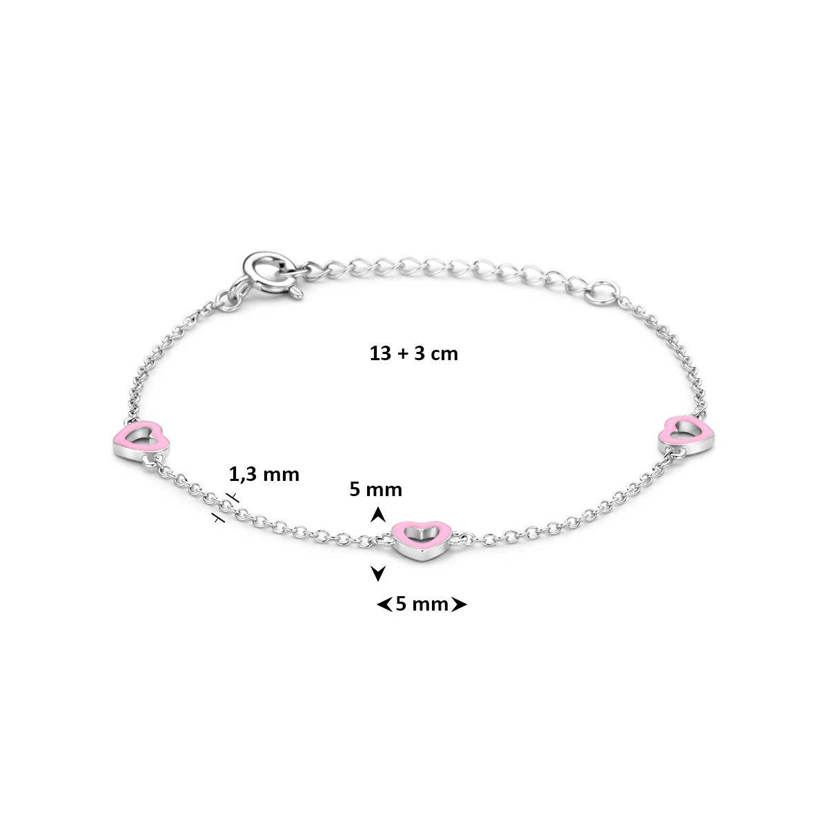 armband hartjes roze emaille 13 + 3 cm zilver gerhodineerd