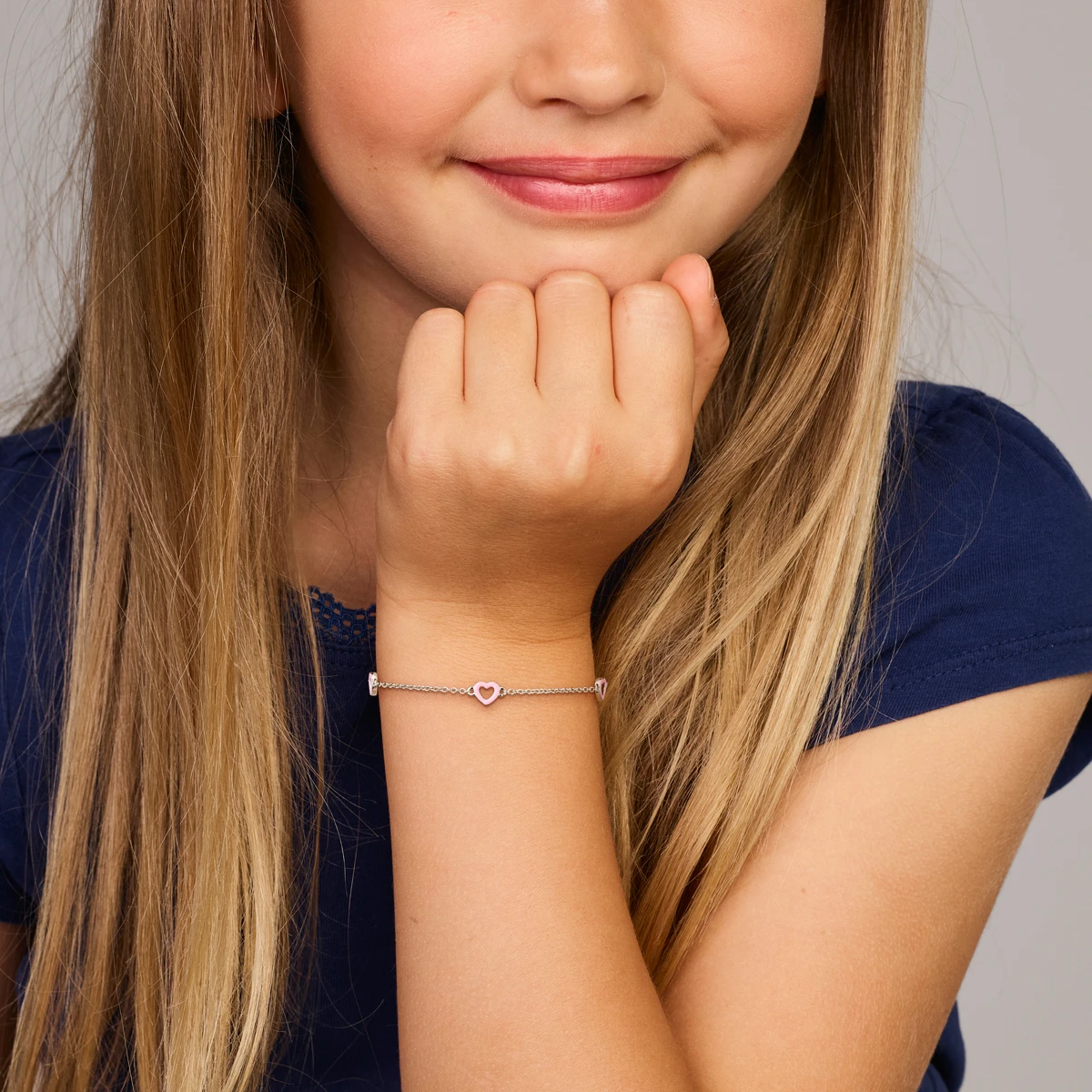 armband hartjes roze emaille 13 + 3 cm zilver gerhodineerd