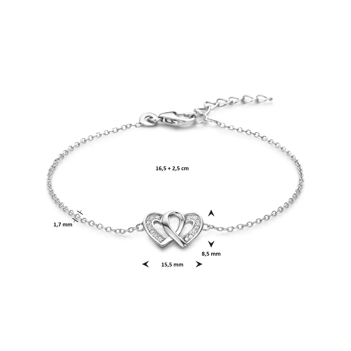 armband hartjes zirkonia 16,5 + 2,5 cm zilver gerhodineerd
