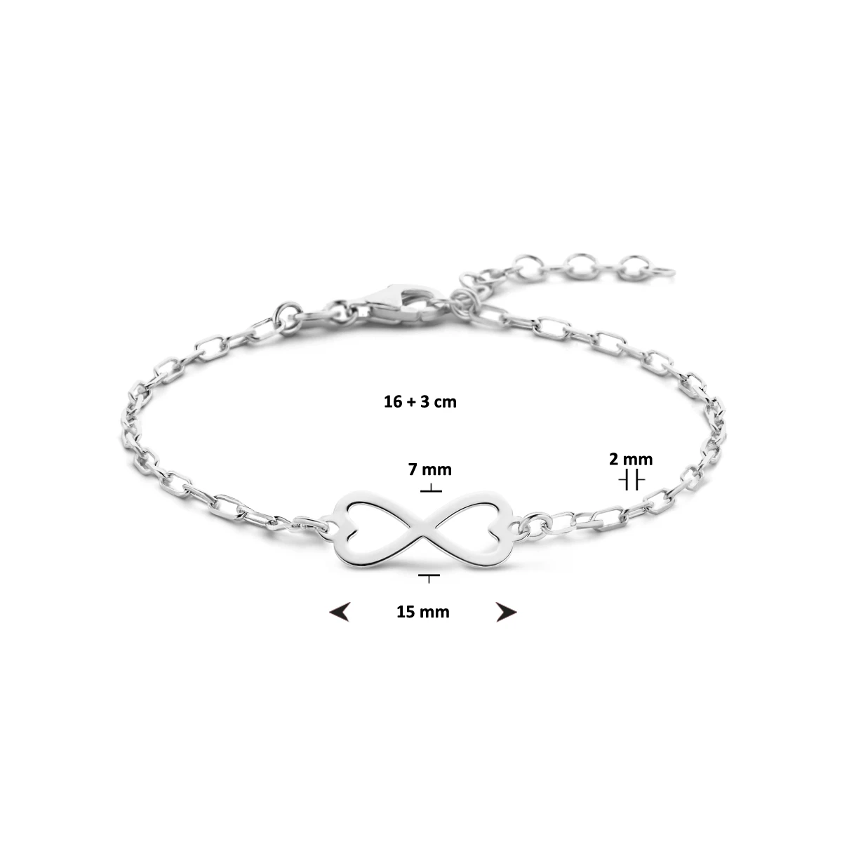 armband infinity 16 + 3 cm zilver gerhodineerd