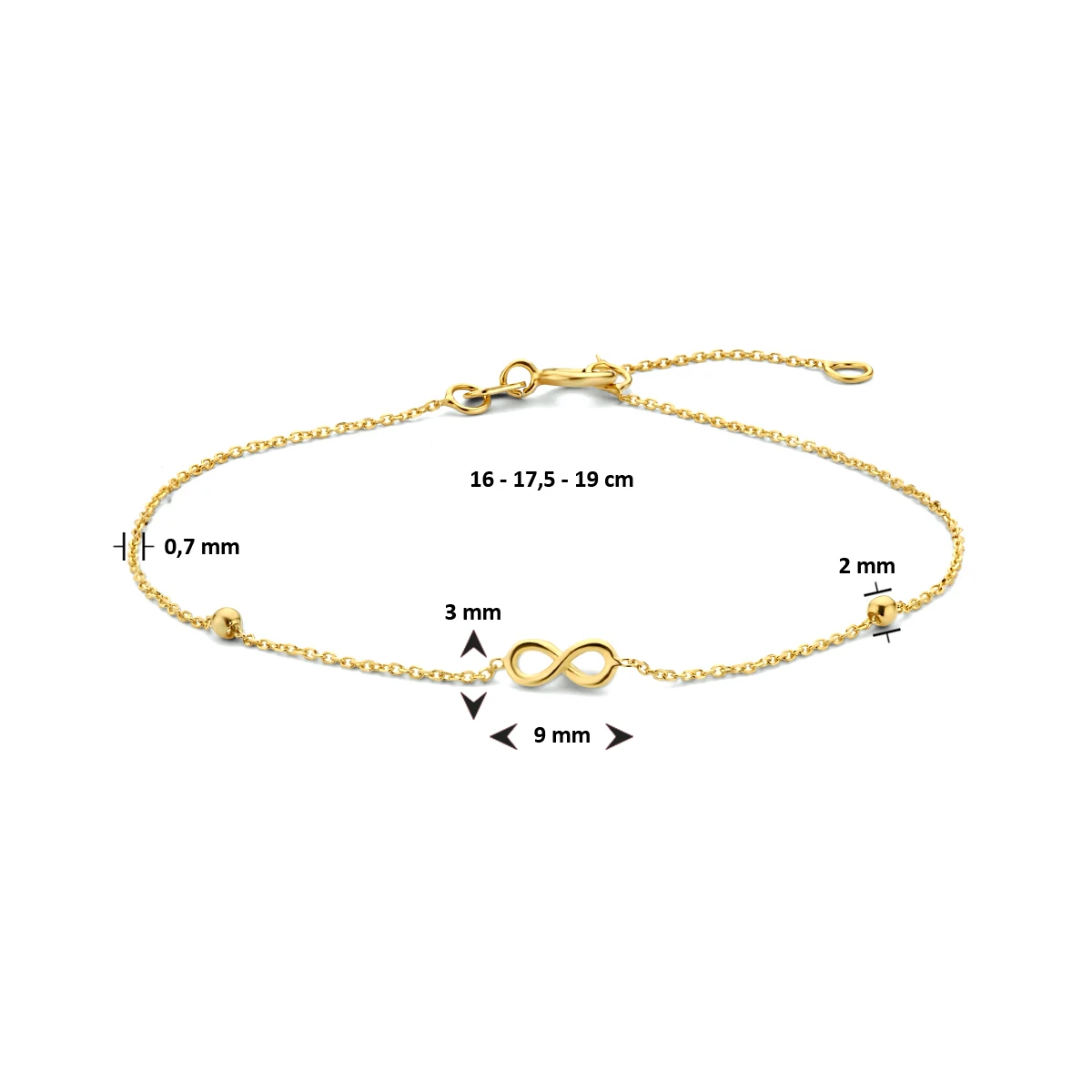 armband infinity en bolletjes 16 - 17,5 - 19 cm 14K geelgoud