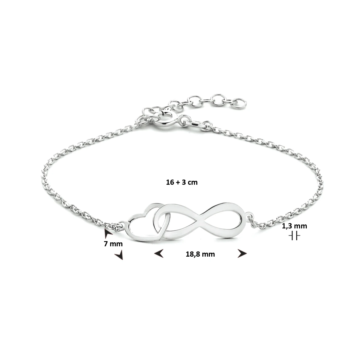 armband infinity en hart 16 + 3 cm zilver gerhodineerd