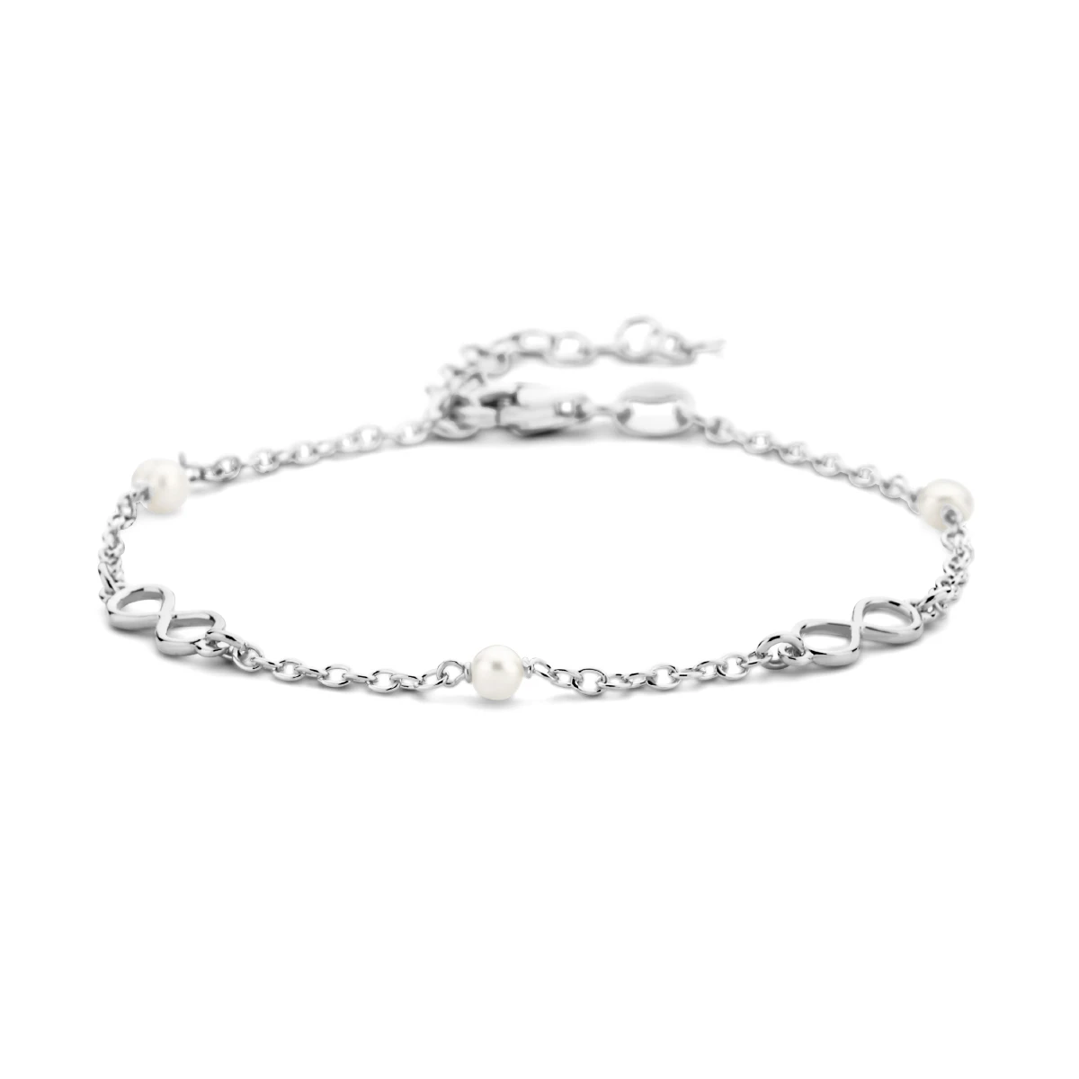 armband infinity en parels 16 + 3 cm 1 micron zilver gerhodineerd